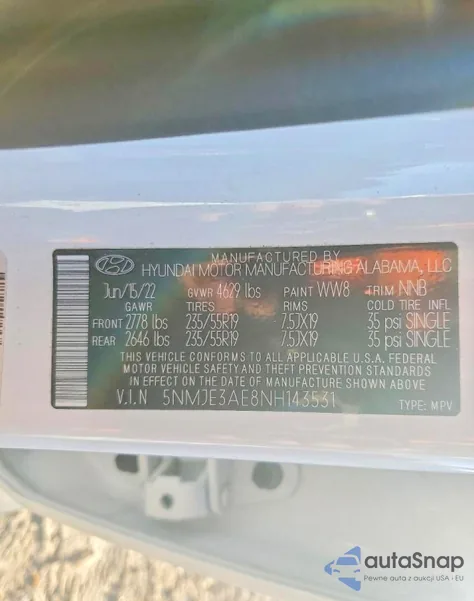 2022 Hyundai Tucson Limited z USA, uszkodzony, nr VIN 5NMJE3AE8NH143531